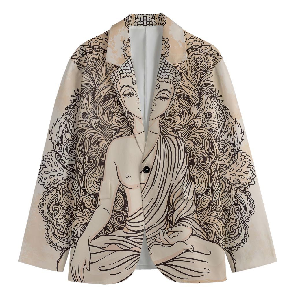 Beige Buddha Mandala Print Men's Cotton Blazer