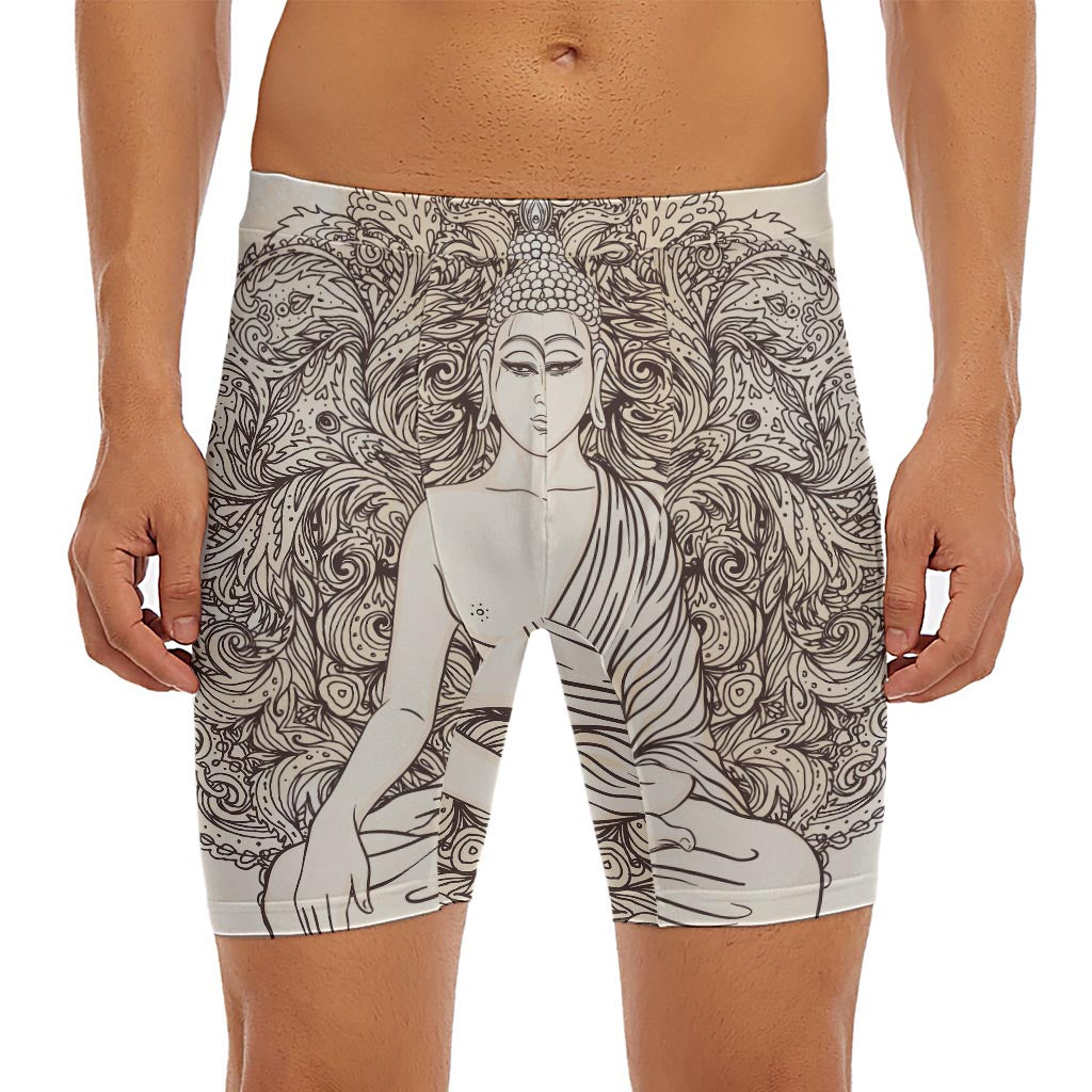 Beige Buddha Mandala Print Men's Long Boxer Briefs