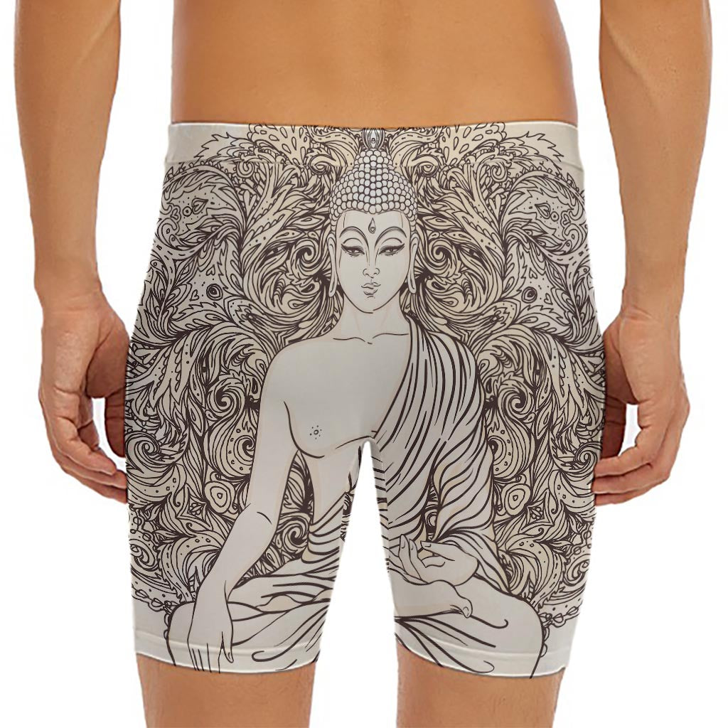 Beige Buddha Mandala Print Men's Long Boxer Briefs