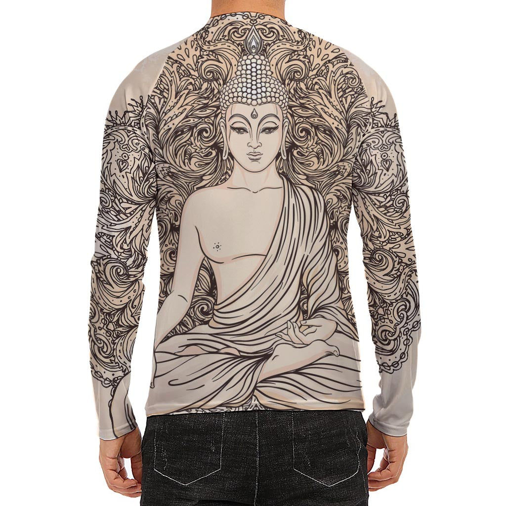 Beige Buddha Mandala Print Men's Long Sleeve Rash Guard