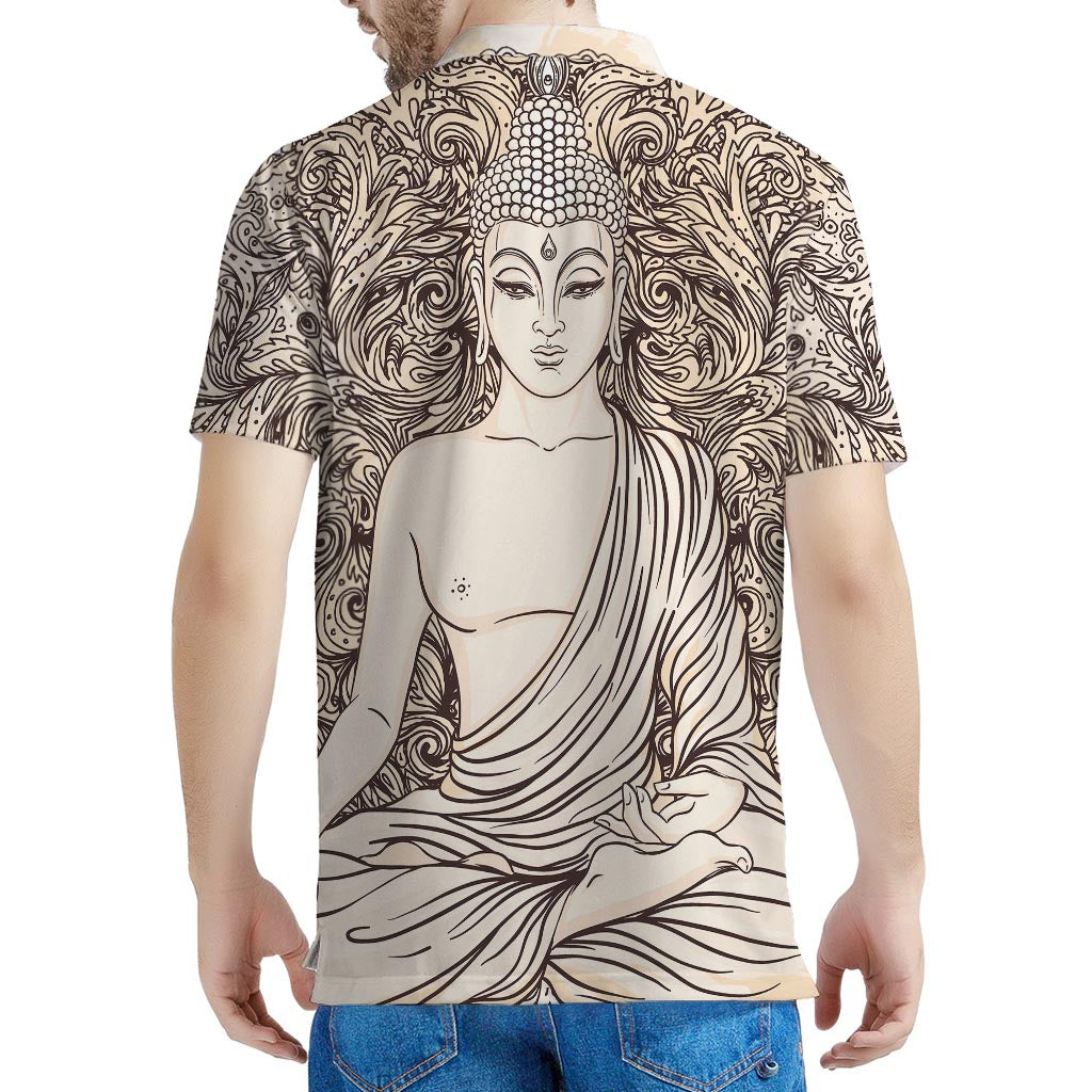 Beige Buddha Mandala Print Men's Polo Shirt