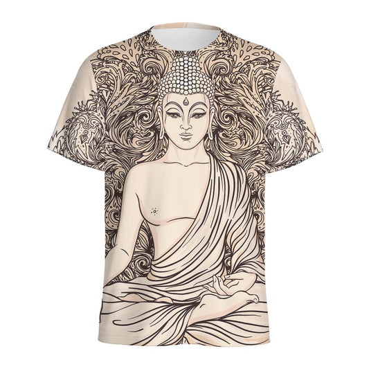 Beige Buddha Mandala Print Men's Sports T-Shirt