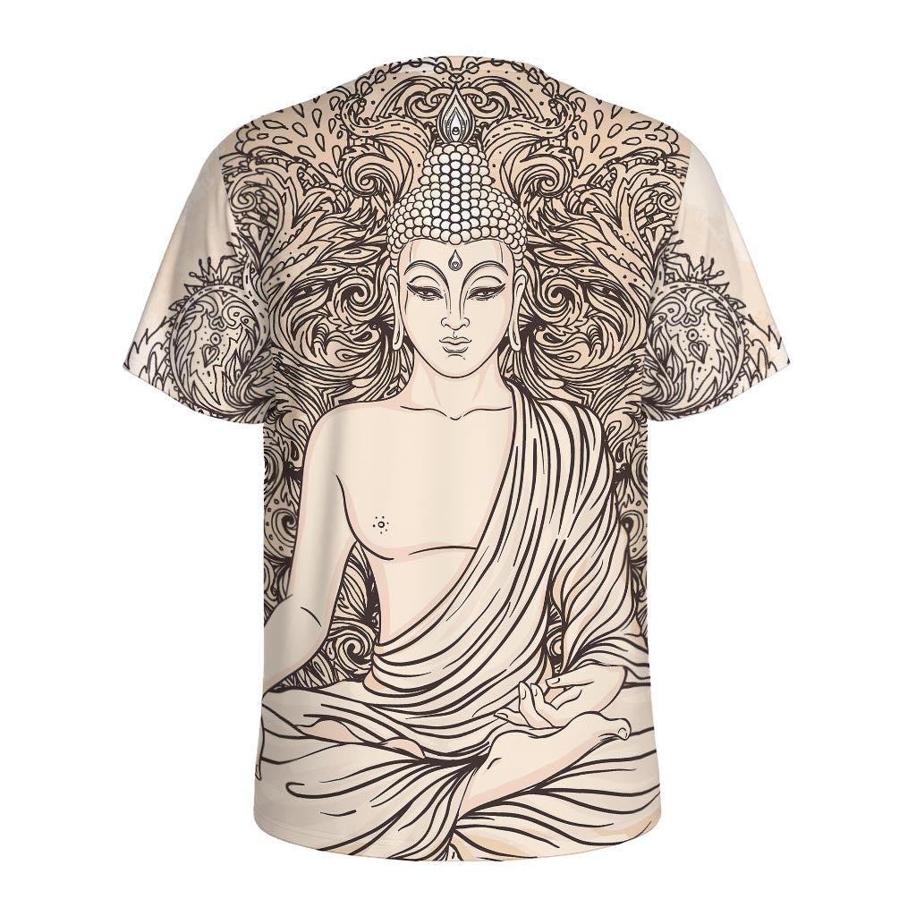 Beige Buddha Mandala Print Men's Sports T-Shirt