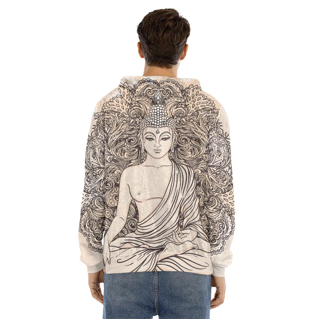 Beige Buddha Mandala Print Men's Velvet Pullover Hoodie