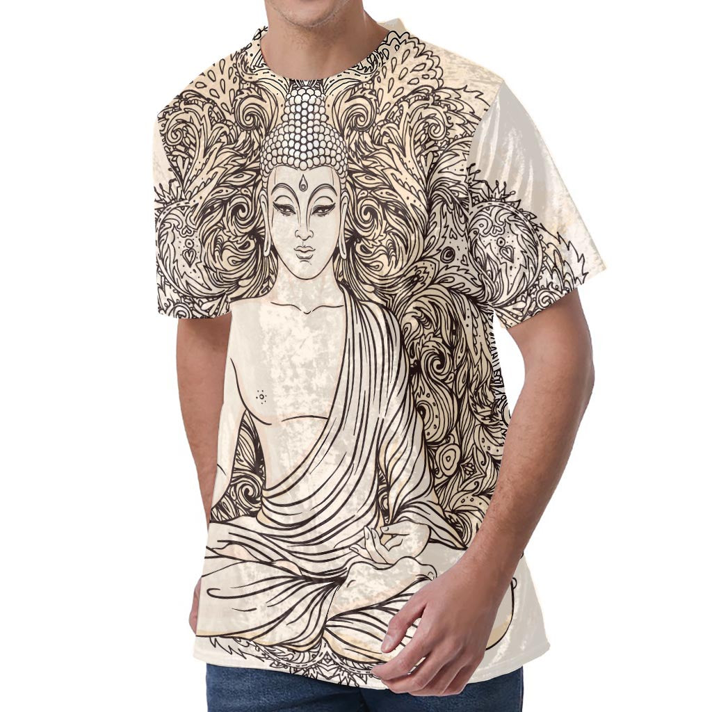 Beige Buddha Mandala Print Men's Velvet T-Shirt