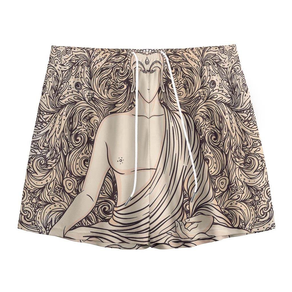 Beige Buddha Mandala Print Mesh Shorts