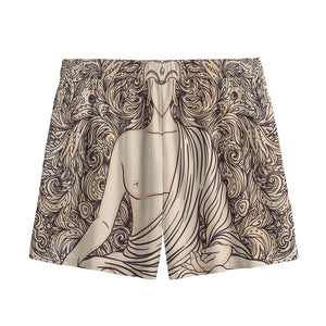 Beige Buddha Mandala Print Mesh Shorts