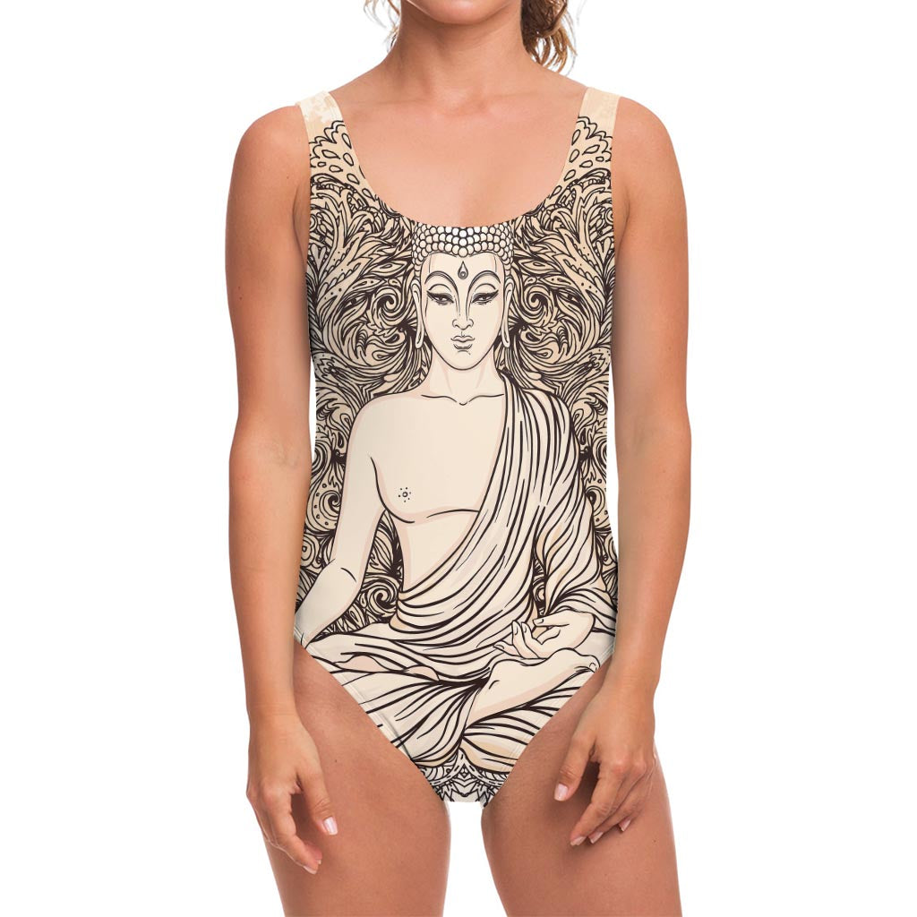 Beige Buddha Mandala Print One Piece Swimsuit