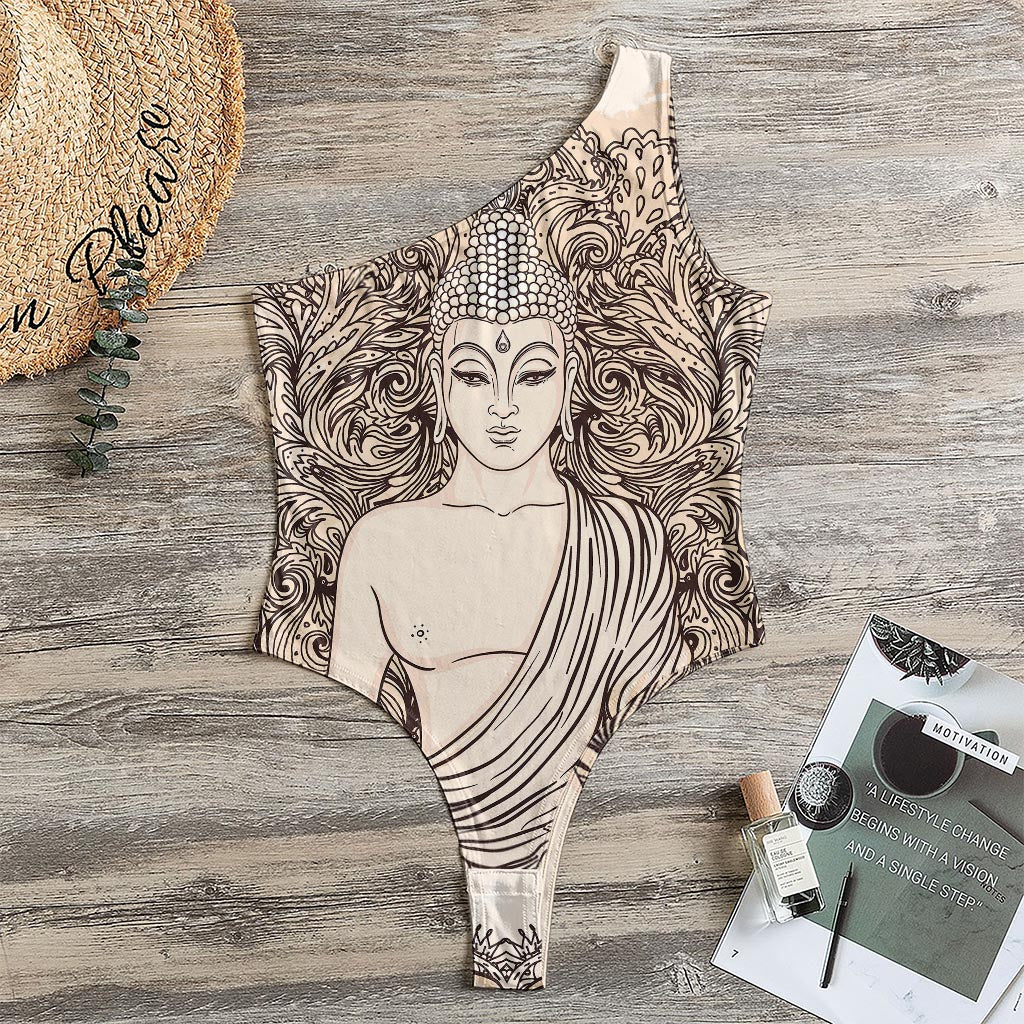 Beige Buddha Mandala Print One Shoulder Bodysuit