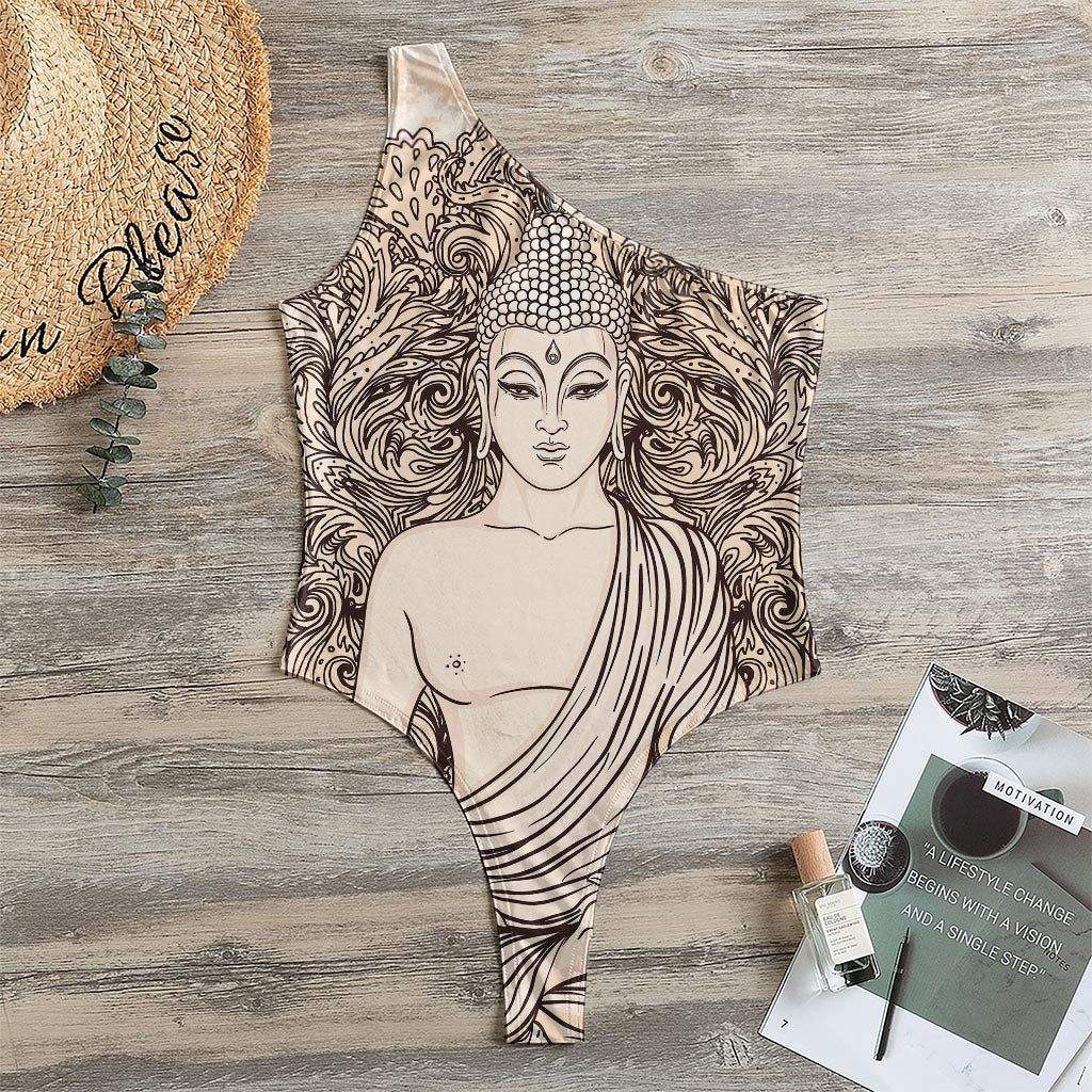 Beige Buddha Mandala Print One Shoulder Bodysuit