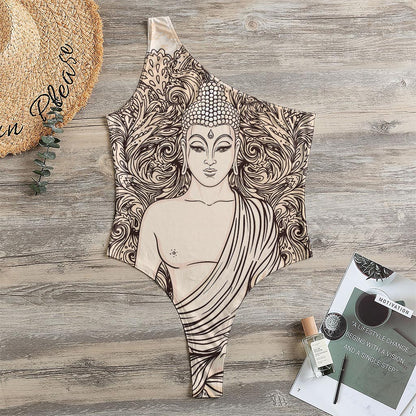 Beige Buddha Mandala Print One Shoulder Bodysuit