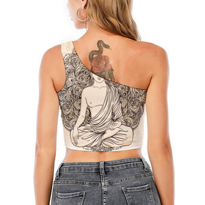 Beige Buddha Mandala Print One Shoulder Crop Top