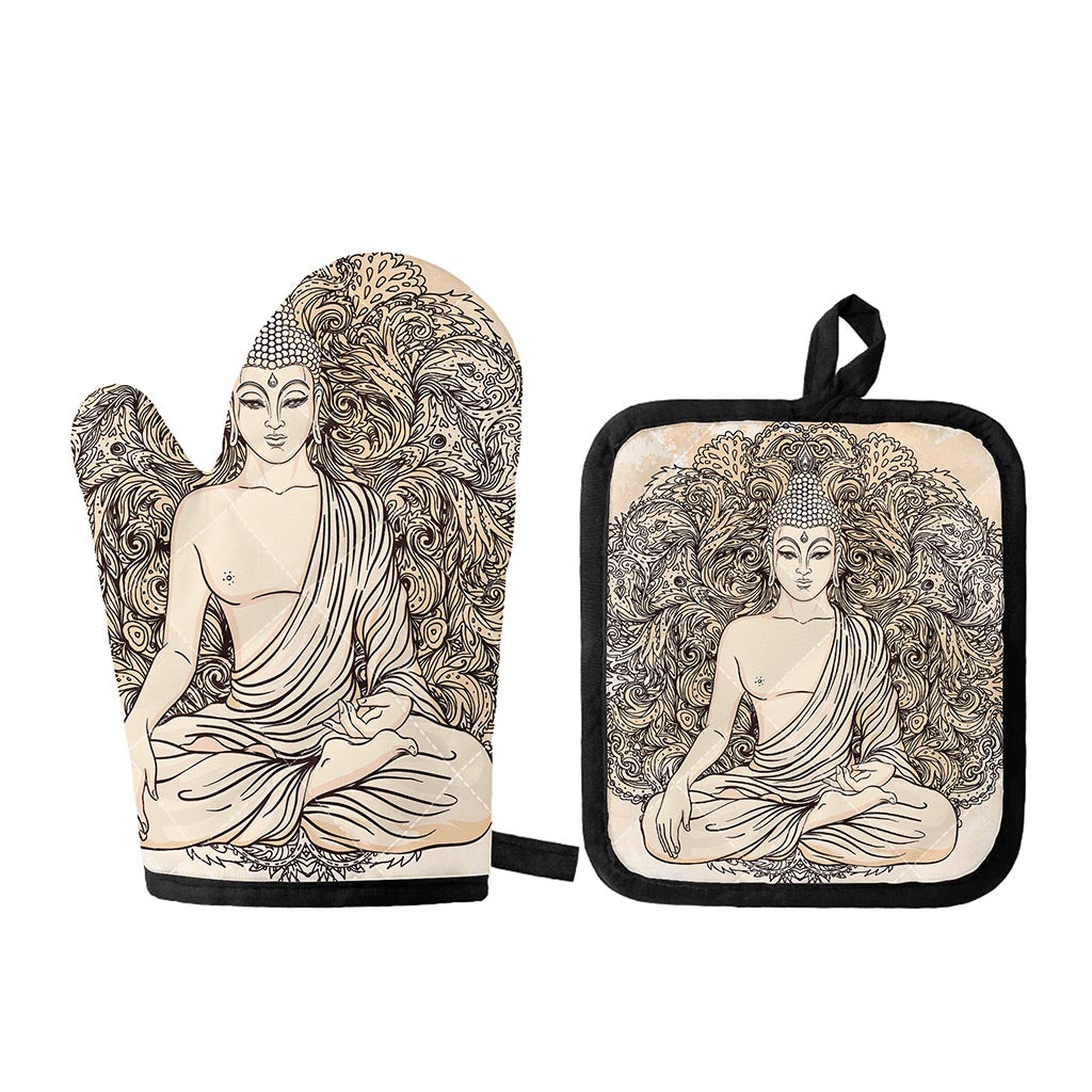 Beige Buddha Mandala Print Oven Mitt And Pot Holder Set