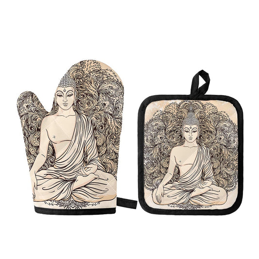 Beige Buddha Mandala Print Oven Mitt And Pot Holder Set