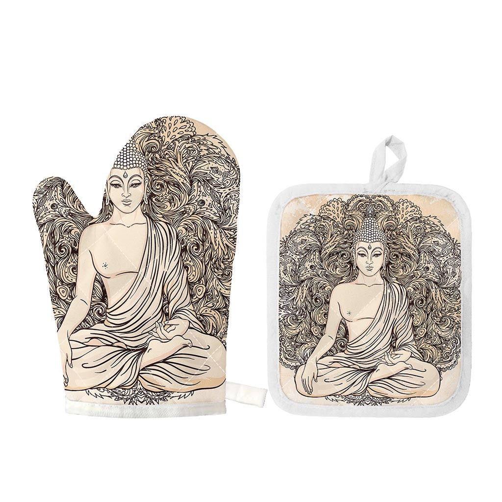 Beige Buddha Mandala Print Oven Mitt And Pot Holder Set