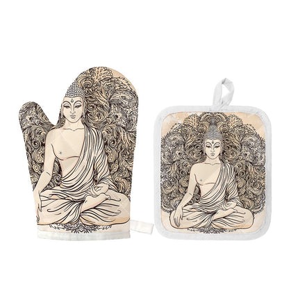 Beige Buddha Mandala Print Oven Mitt And Pot Holder Set