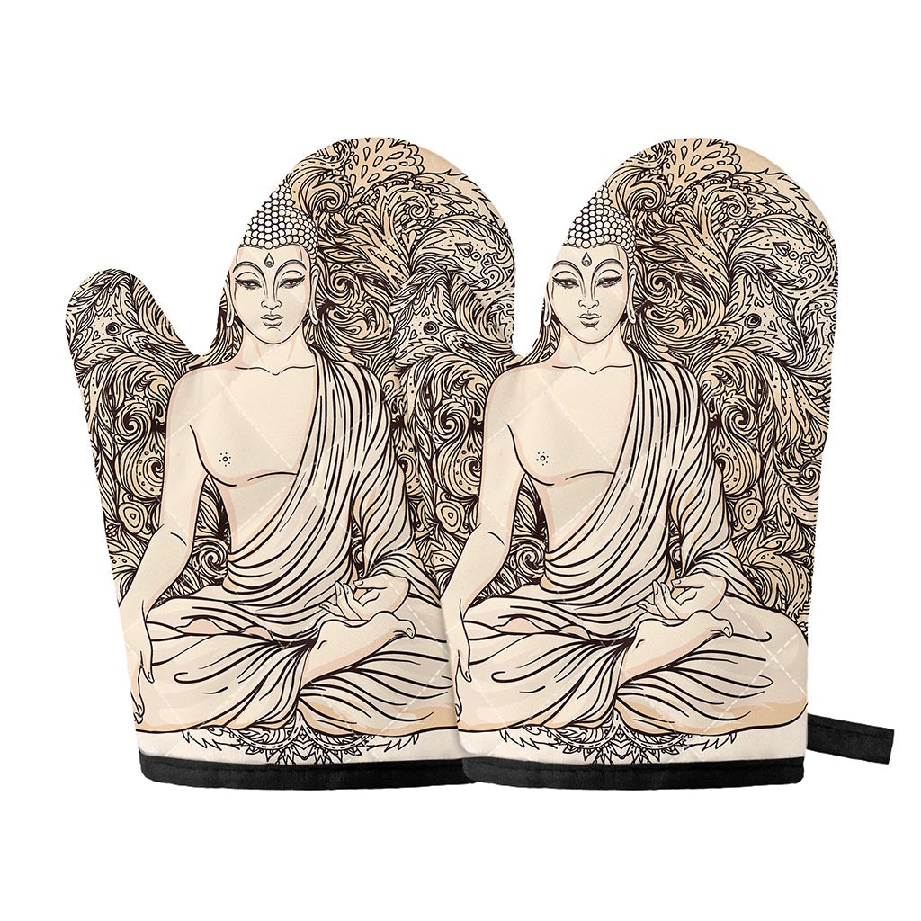 Beige Buddha Mandala Print Oven Mitts
