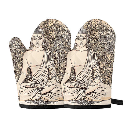 Beige Buddha Mandala Print Oven Mitts