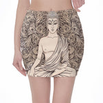 Beige Buddha Mandala Print Pencil Mini Skirt