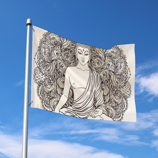 Beige Buddha Mandala Print Polyester Flag