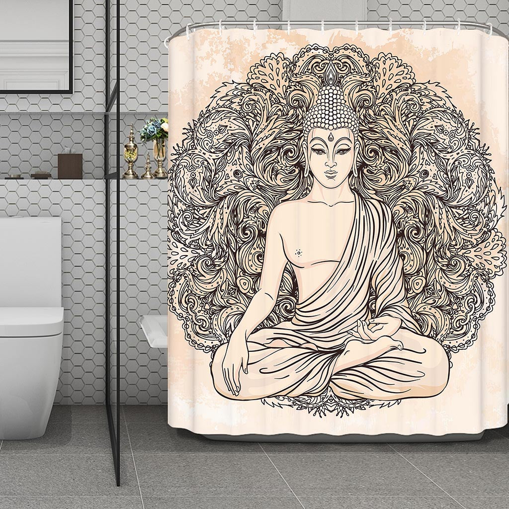 Beige Buddha Mandala Print Polyester Shower Curtain