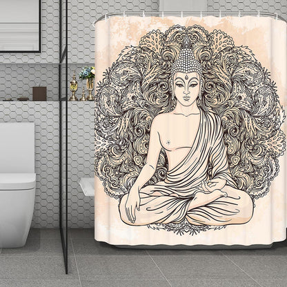 Beige Buddha Mandala Print Polyester Shower Curtain