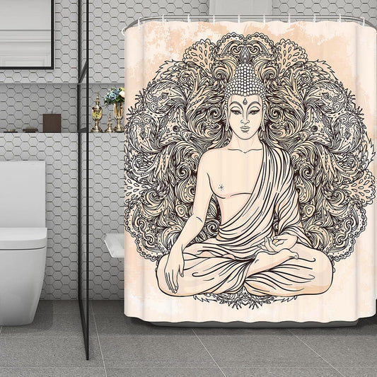 Beige Buddha Mandala Print Polyester Shower Curtain