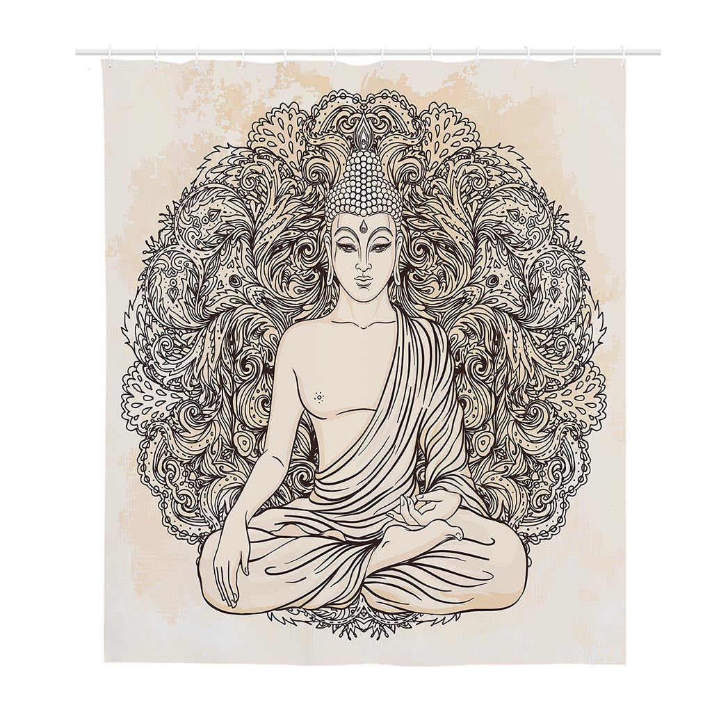 Beige Buddha Mandala Print Polyester Shower Curtain