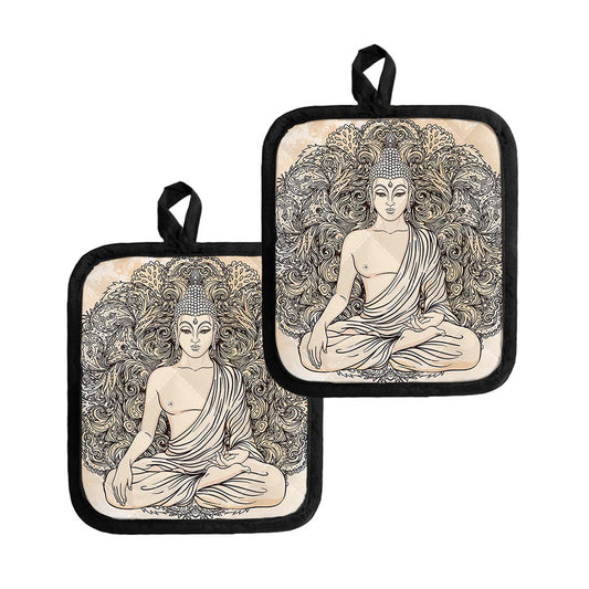 Beige Buddha Mandala Print Pot Holders