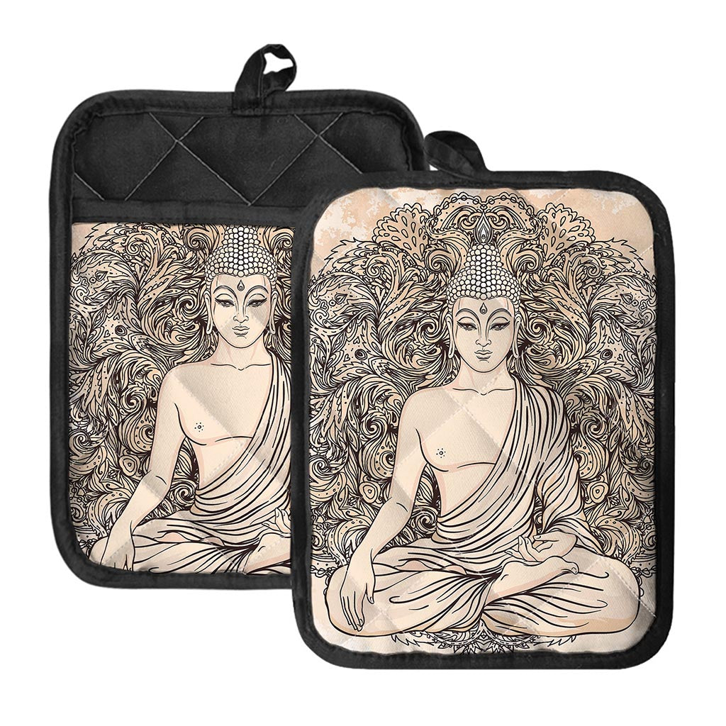 Beige Buddha Mandala Print Pot Holders With Pocket