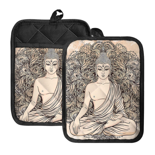 Beige Buddha Mandala Print Pot Holders With Pocket