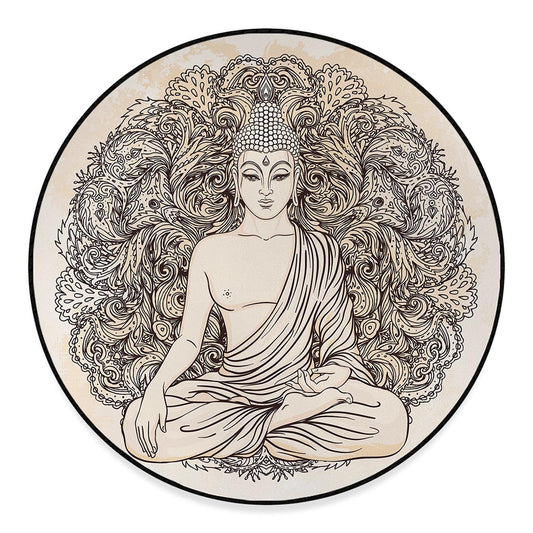 Beige Buddha Mandala Print Round Floor Mat