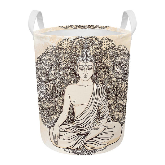 Beige Buddha Mandala Print Round Laundry Basket