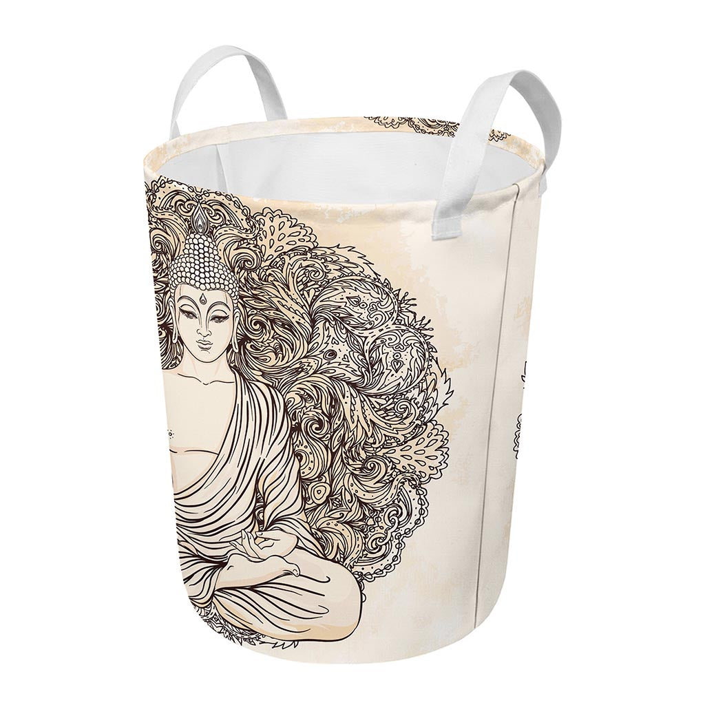 Beige Buddha Mandala Print Round Laundry Basket