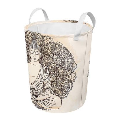 Beige Buddha Mandala Print Round Laundry Basket