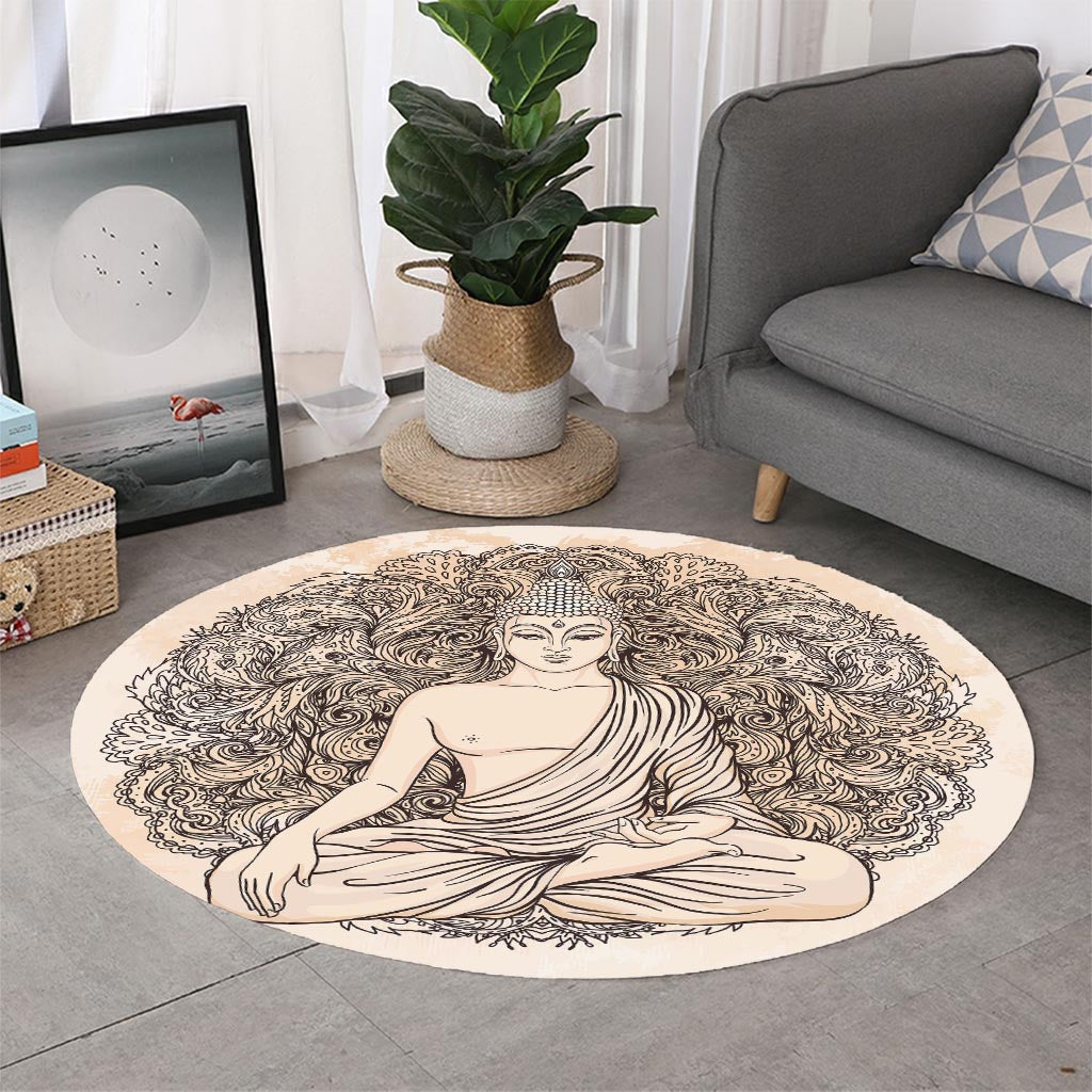 Beige Buddha Mandala Print Round Rug