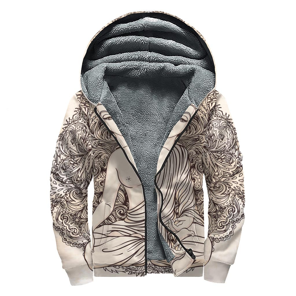 Beige Buddha Mandala Print Sherpa Lined Zip Up Hoodie