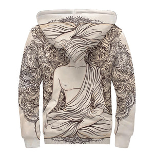 Beige Buddha Mandala Print Sherpa Lined Zip Up Hoodie