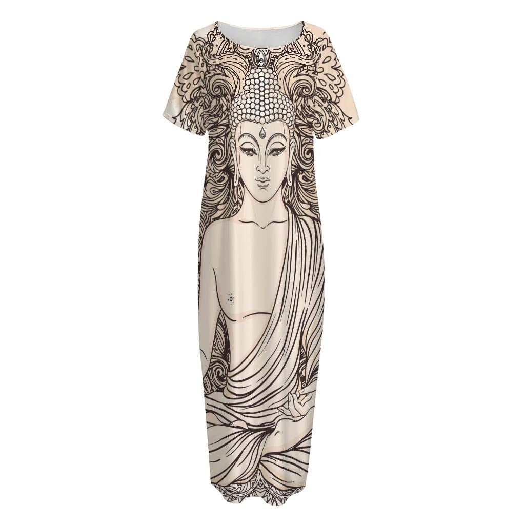 Beige Buddha Mandala Print Short Sleeve Long Nightdress