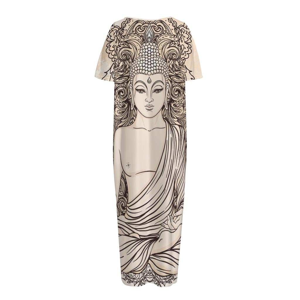 Beige Buddha Mandala Print Short Sleeve Long Nightdress