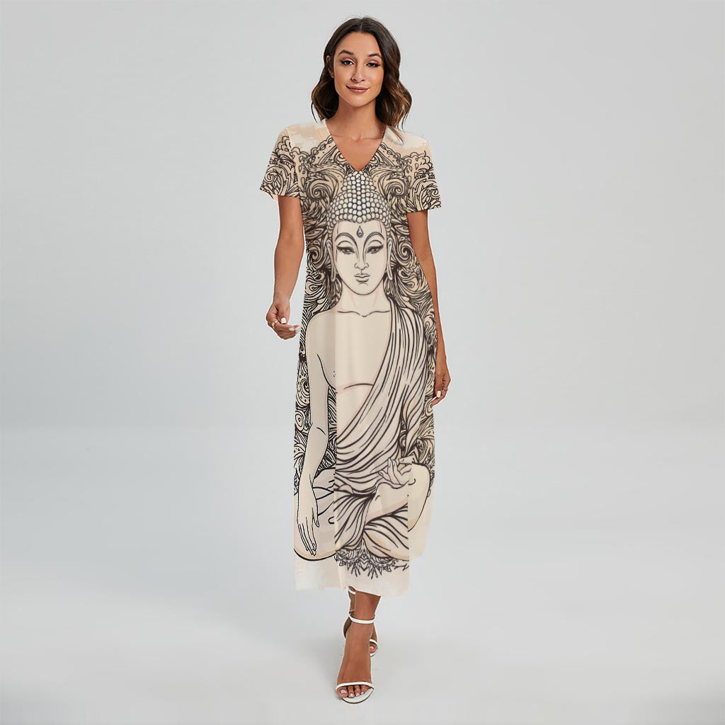 Beige Buddha Mandala Print Short Sleeve Maxi Dress