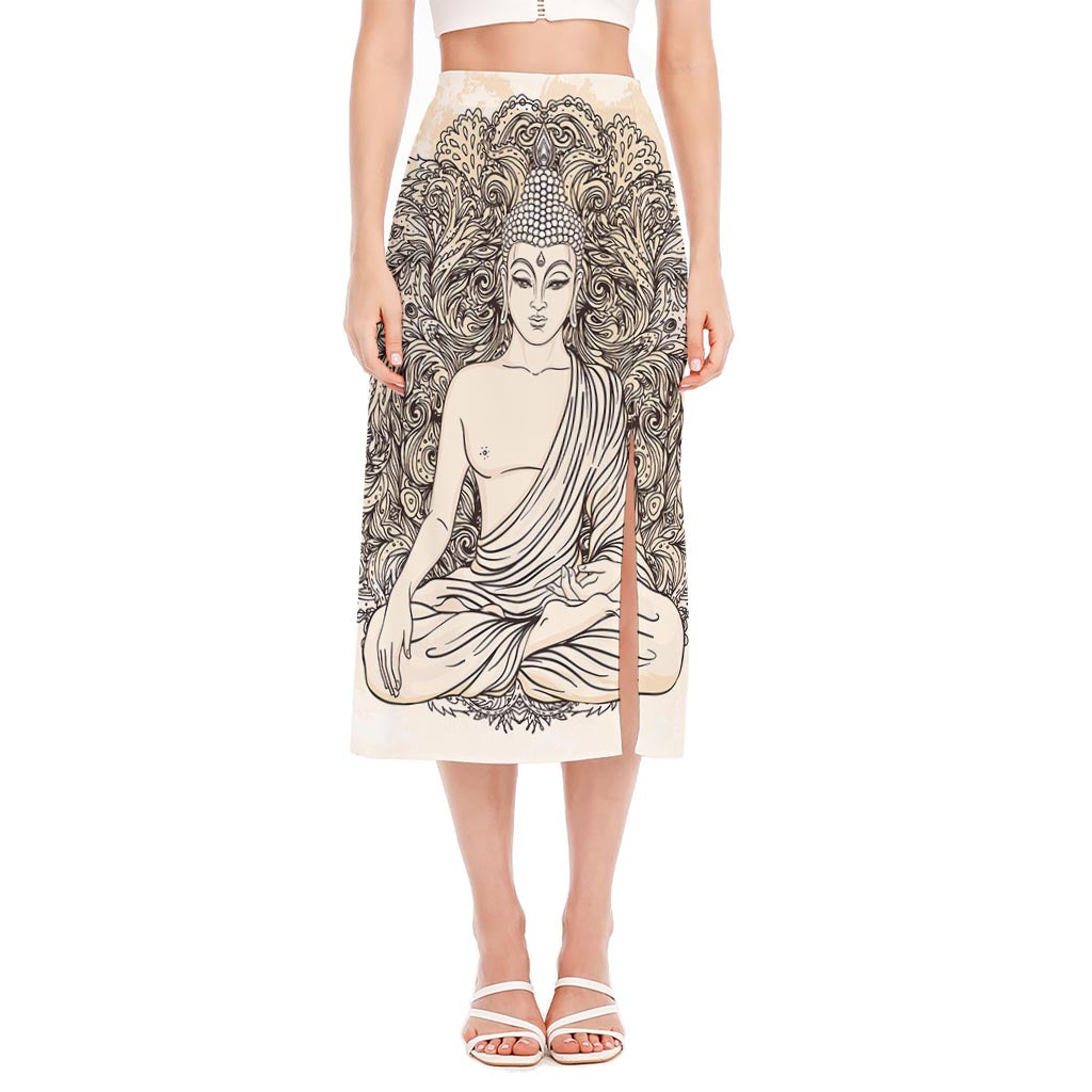 Beige Buddha Mandala Print Side Slit Midi Skirt