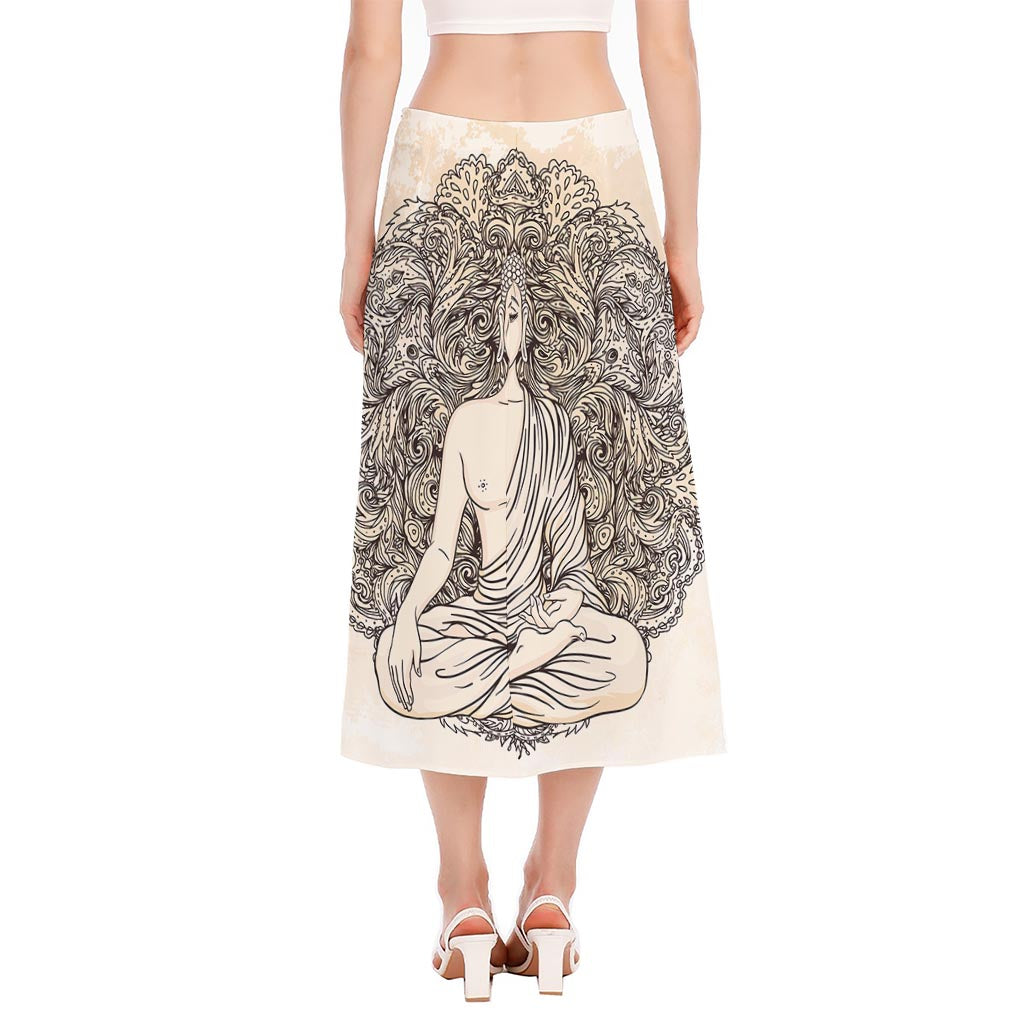 Beige Buddha Mandala Print Side Slit Midi Skirt