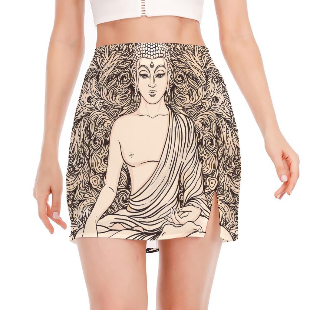 Beige Buddha Mandala Print Side Slit Mini Skirt