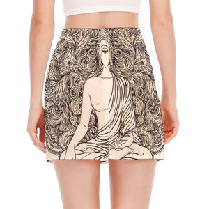 Beige Buddha Mandala Print Side Slit Mini Skirt