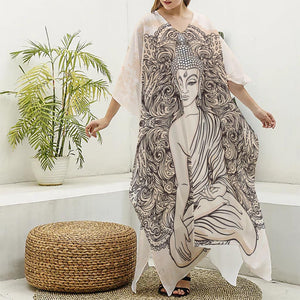 Beige Buddha Mandala Print Silk V-Neck Kaftan Dress