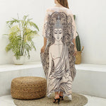 Beige Buddha Mandala Print Silk V-Neck Kaftan Dress