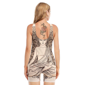 Beige Buddha Mandala Print Sleeveless One Piece Swimsuit