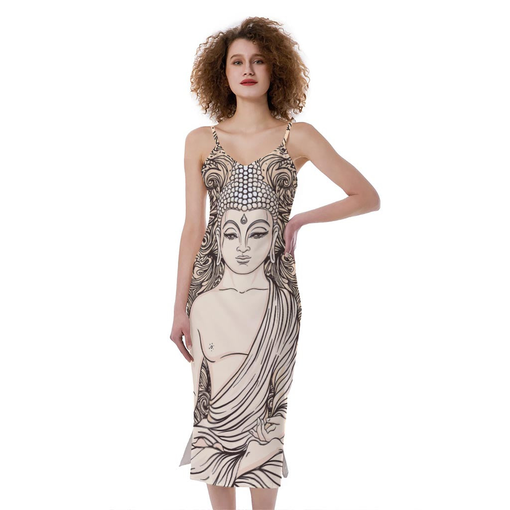 Beige Buddha Mandala Print Slim Fit Midi Cami Dress