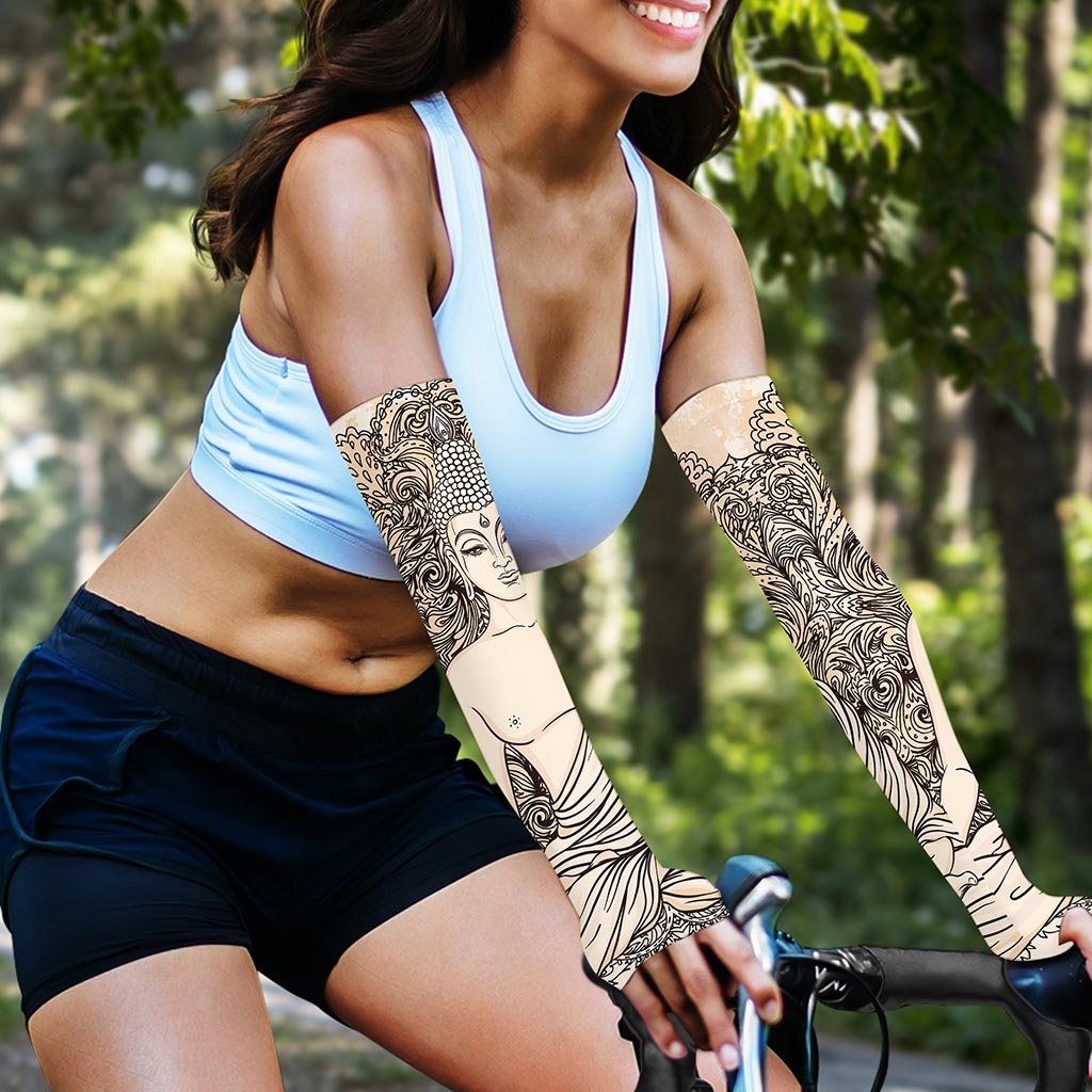 Beige Buddha Mandala Print Sun Protection Arm Sleeves